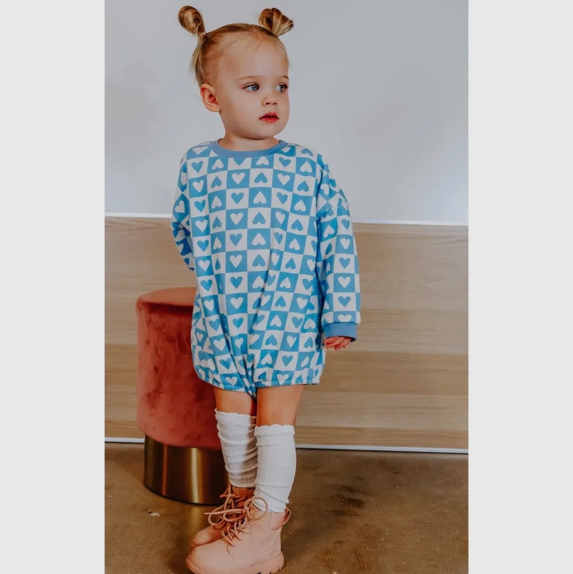 Blue Checkered Heart Sweater Bubble Romper