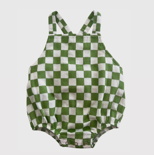 Organic August Sunsuit - Lime Checkerboard