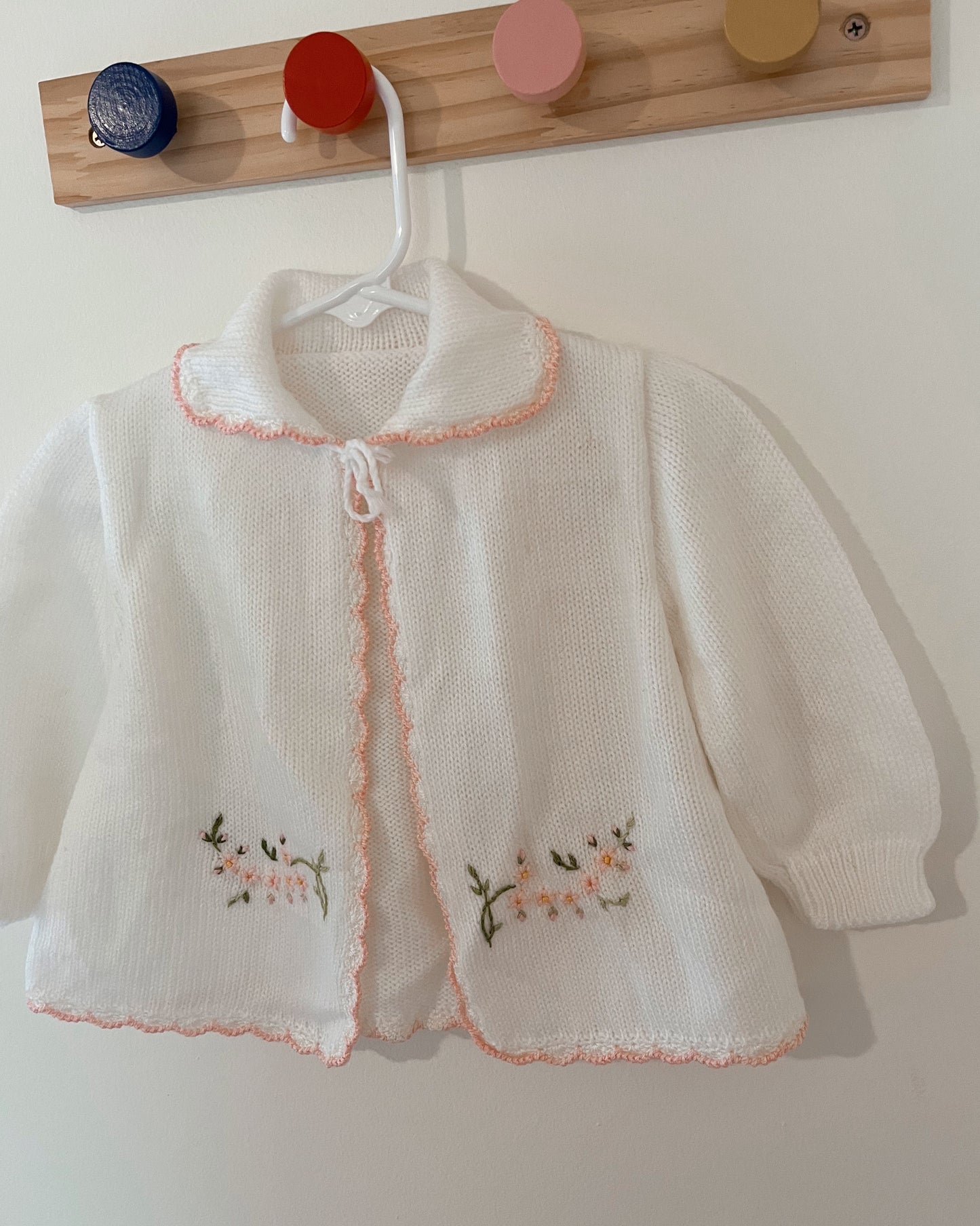 Vintage Floral Embroidered Cardigan - Pink and White - 12-18 Months